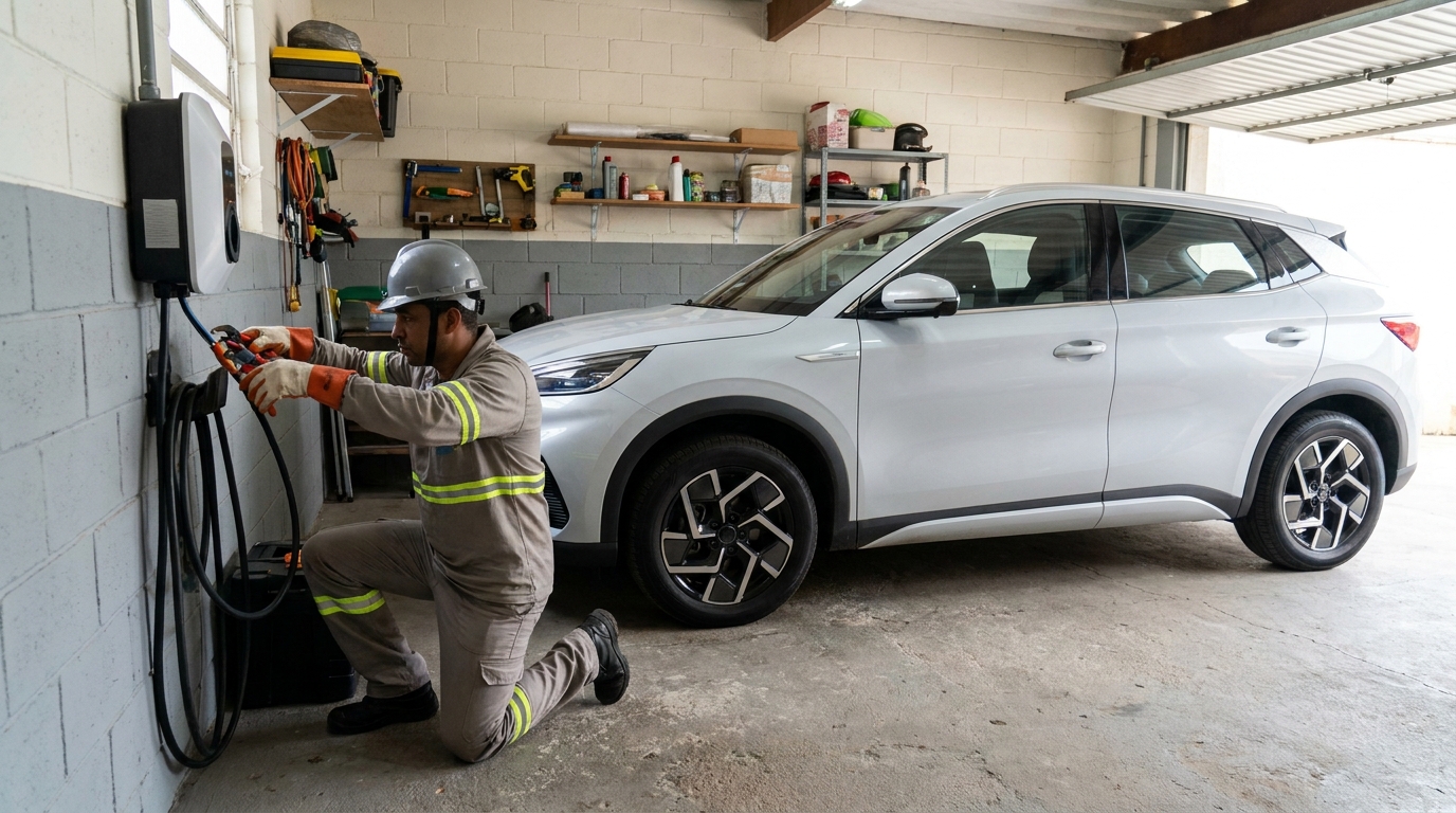 Eletricista instalando carregador de carro eletrico em Gravataí‑RS