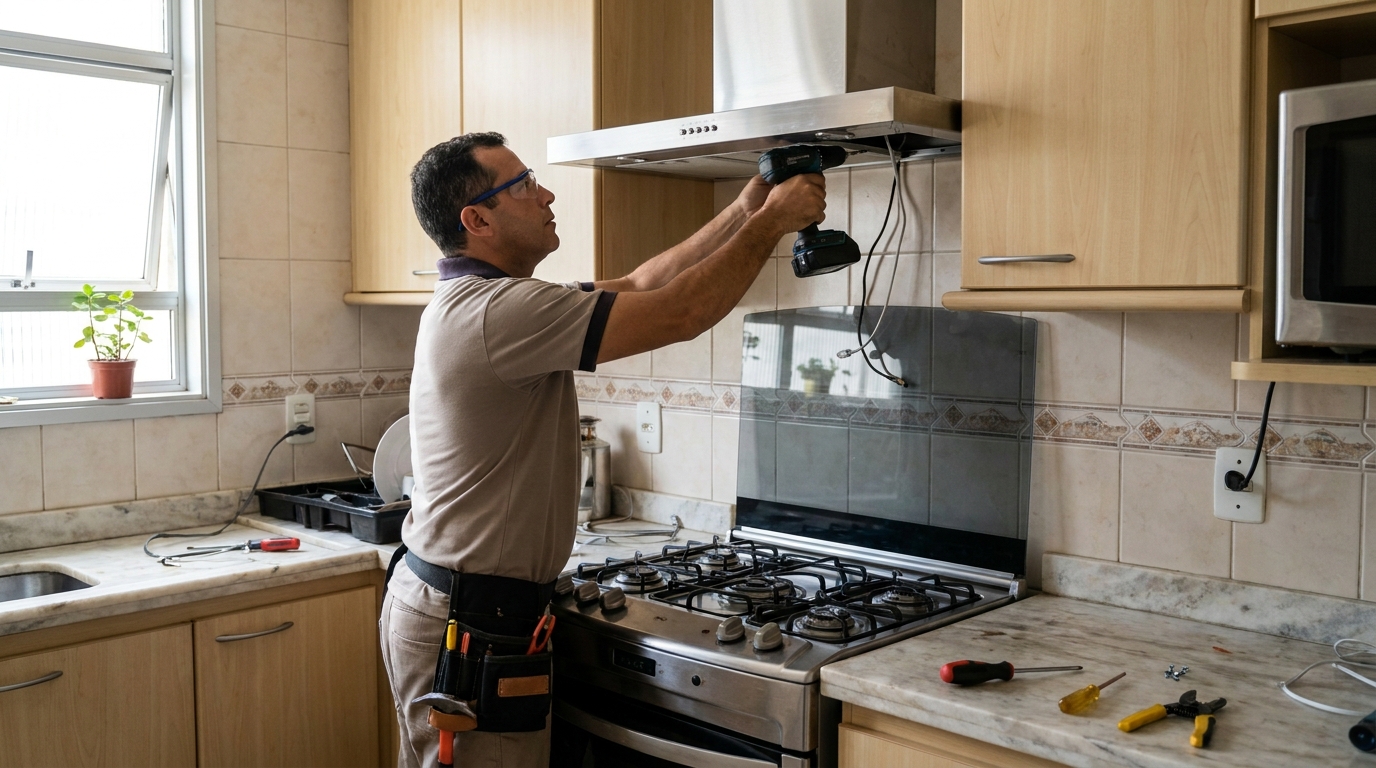 Eletricista instalando coifa em Gravataí‑RS