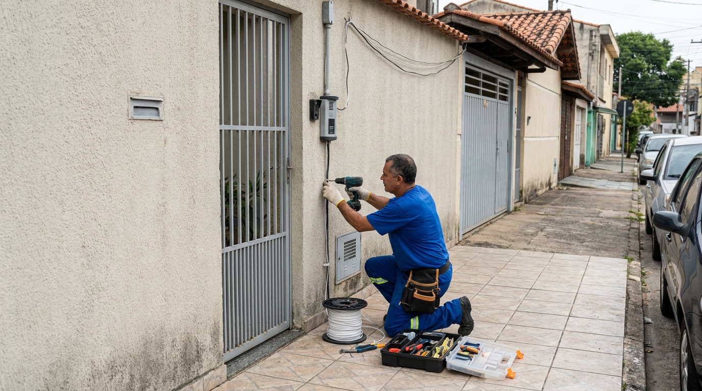 Eletricista instalando interfone em Gravataí‑RS