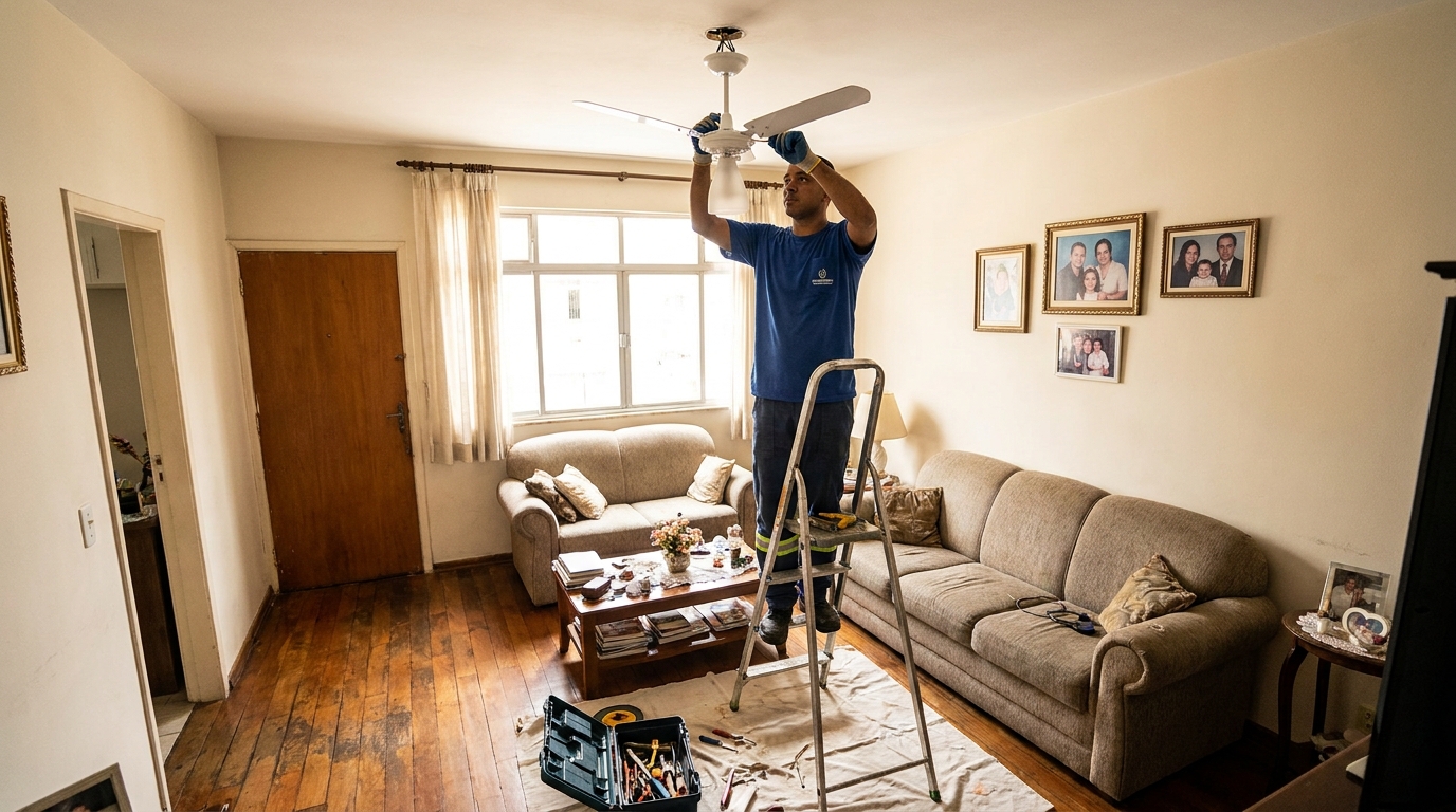 Eletricista instalando ventilador de teto em Gravataí‑RS